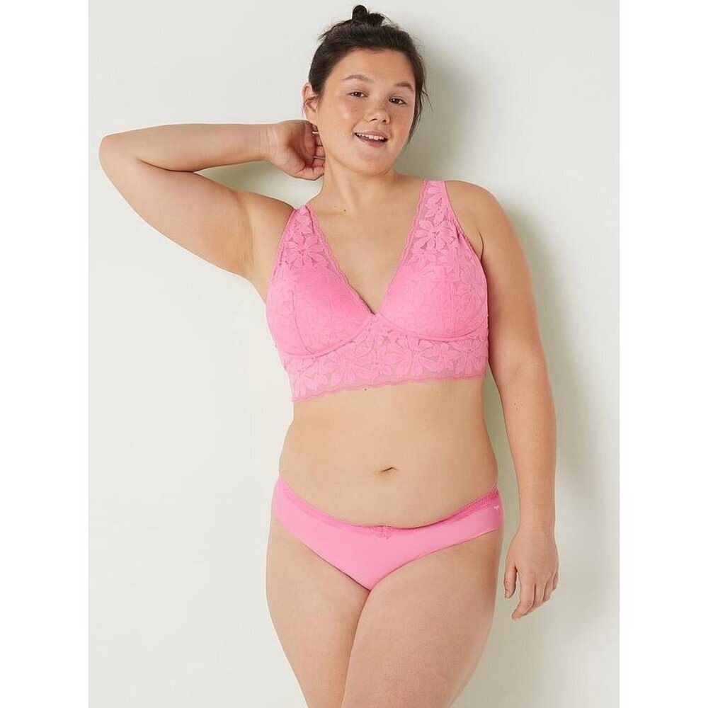 Victorias Secret PINK Lace Lightly Lined Longline Bralette Bra Pink XL